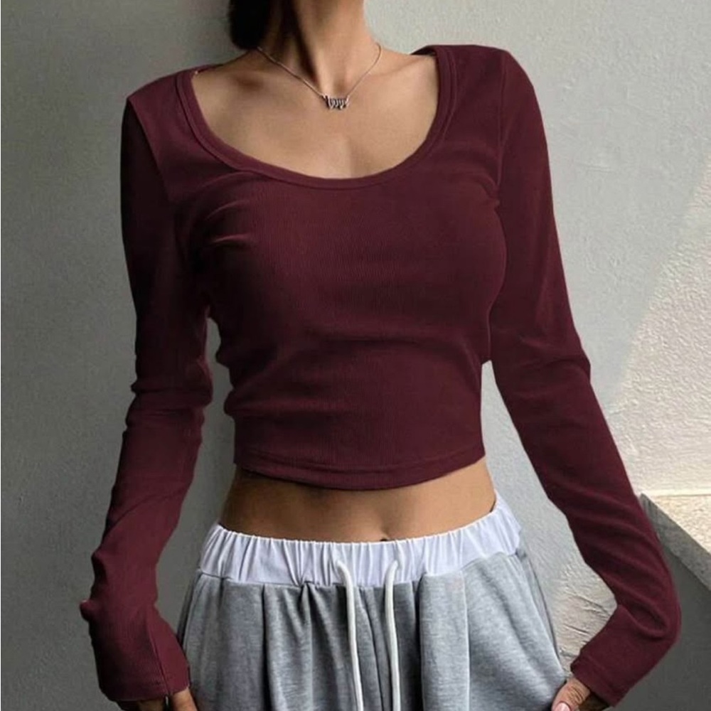 Burgundy Long Sleeve Crop Top